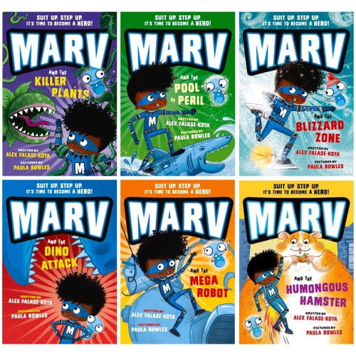 Marv Collection by Alex Falase-Koya Illustrated 6 Books Set (Marv and the: Dino Attack, Mega Robot, Pool of Peril, Killer Plants, Blizzard Zone & Humongous Hamster)
