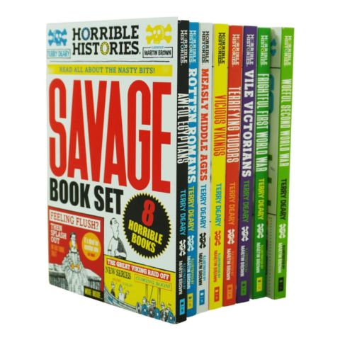 Horrible Histories Savage 8 Book Collection Set By Terry Deary (Awful Egyptians, Rotten Romans, Vicious Vikings, Measly Middle Ages, Terrifying Tudors, Vile Victorians, Frightful First World War & Woeful Second World War) cover