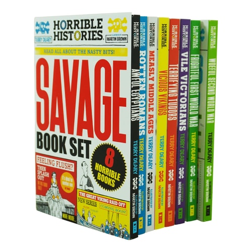 Horrible Histories Savage 8 Book Collection Set By Terry Deary (Awful Egyptians, Rotten Romans, Vicious Vikings, Measly Middle Ages, Terrifying Tudors, Vile Victorians, Frightful First World War & Woeful Second World War)